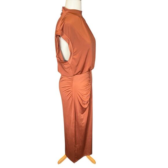 Revolve Krisa Dress Medium Mockneck Midi Slit on Leg Elegant Open Back Brown - Picture 5 of 13